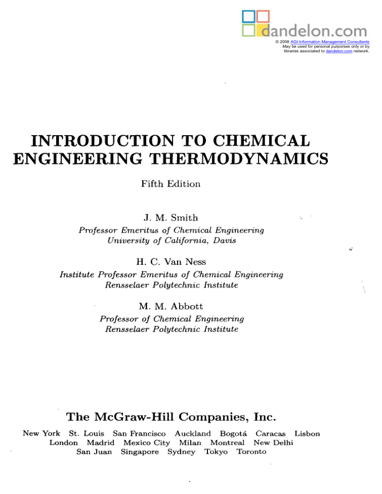 Introduction to Chemical Engineering Thermodynamics - Fifth Edition