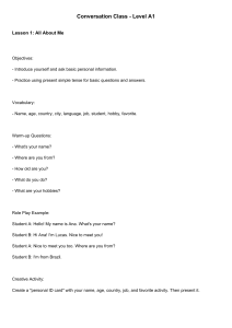A1 English Conversation Class Lesson Plan: All About Me