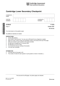 Cambridge Lower Secondary Science Checkpoint Paper 2 Oct 2021