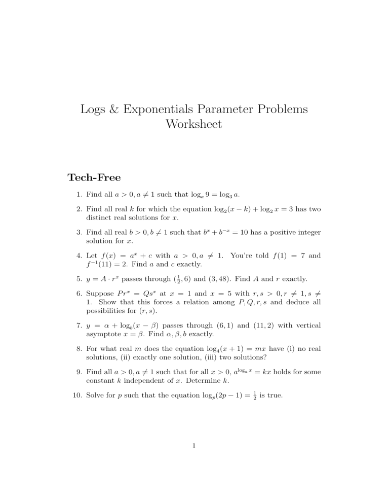 Logs & Exponentials Parameter Problems Worksheet - Math Practice