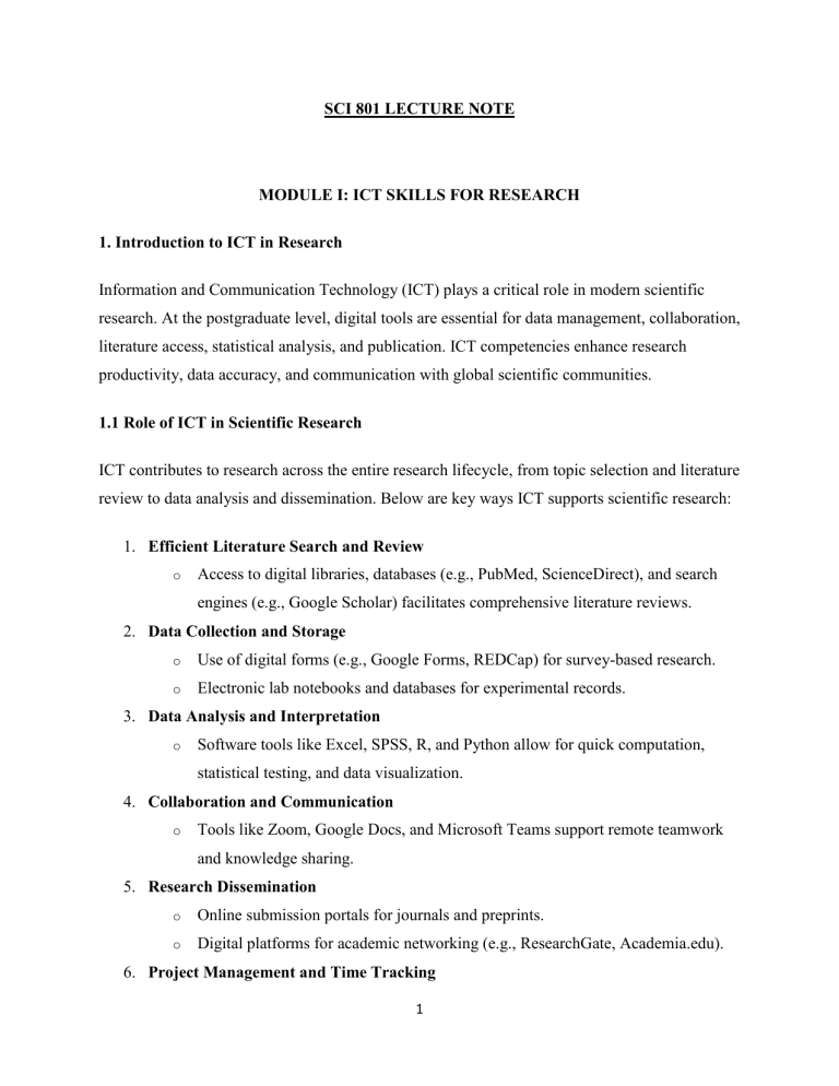 Ict Lab Notes ICT Skills for Scientific Research: Lecture Notes for Postgraduates