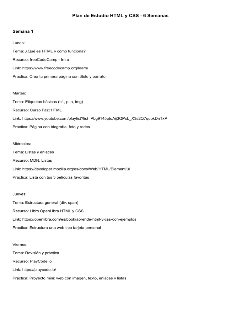 Plan HTML CSS Semanas 1 2