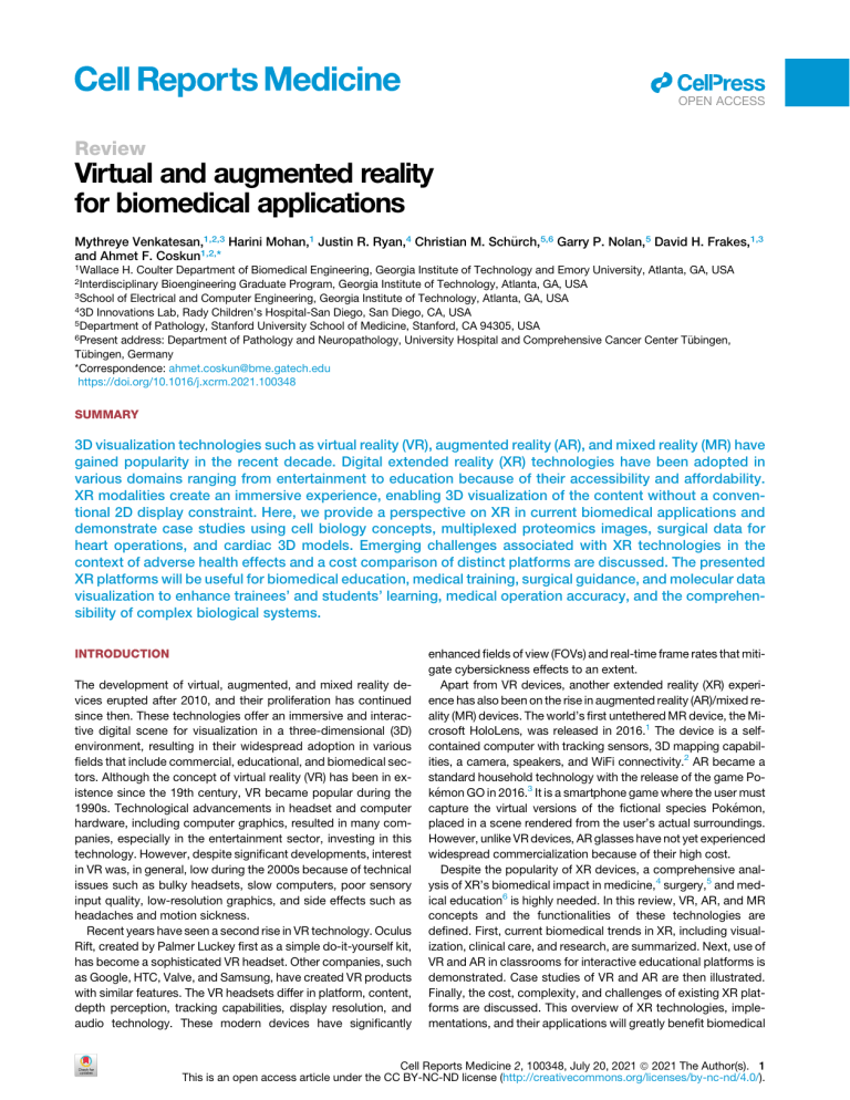Virtual & Augmented Reality for Biomedical Applications: A Review