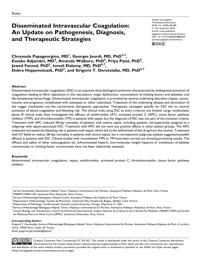 Disseminated Intravascular Coagulation: Pathogenesis, Diagnosis, Therapy