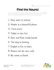 English Grammar Noun Identification Worksheet for Elementary School