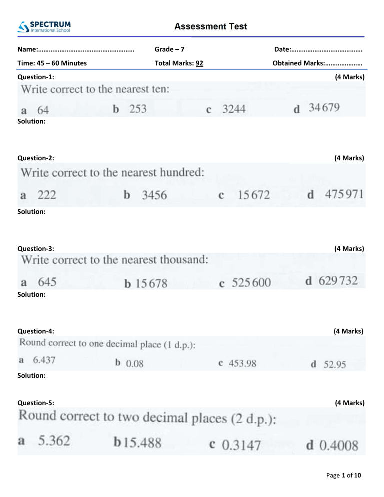 Grade 7 Math Assessment Test: Rounding Numbers Practice
