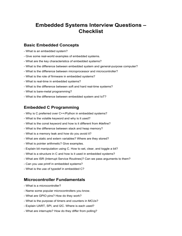 Embedded Systems Interview Questions: Comprehensive Checklist
