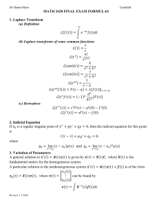 MATH 2420 Final Exam Formulas: Laplace, Indicial, Variation of Parameters