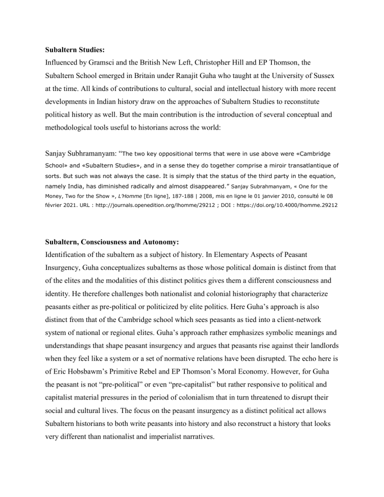 Subaltern Studies: History, Consciousness, and Postcolonial Theory