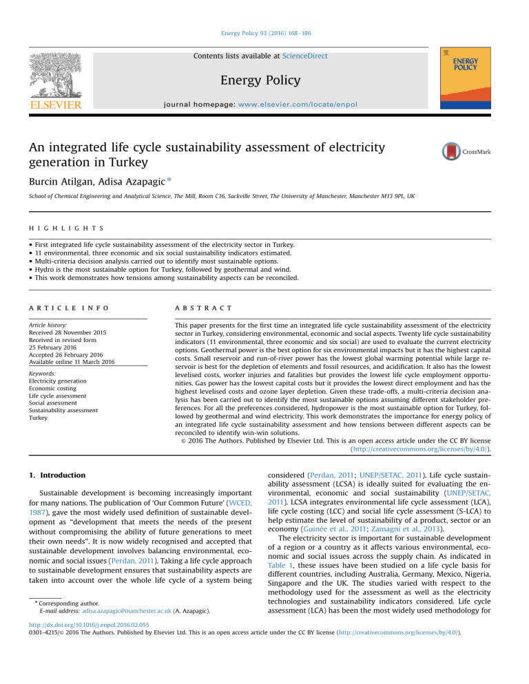 Life Cycle Sustainability Assessment of Electricity Generation in Turkey