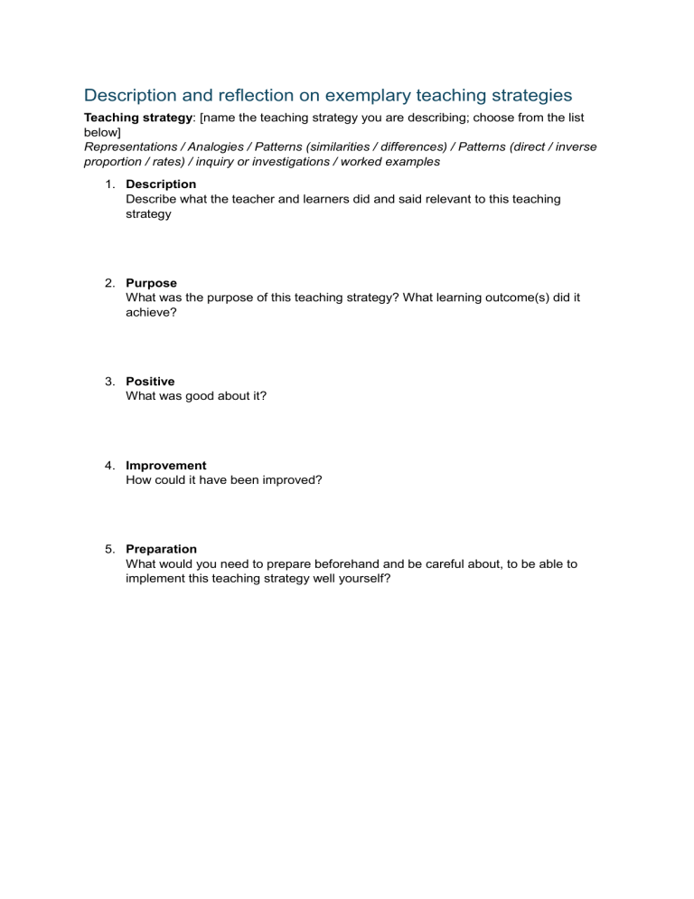 Teaching Strategy Reflection Template | Exemplary Pedagogy Guide