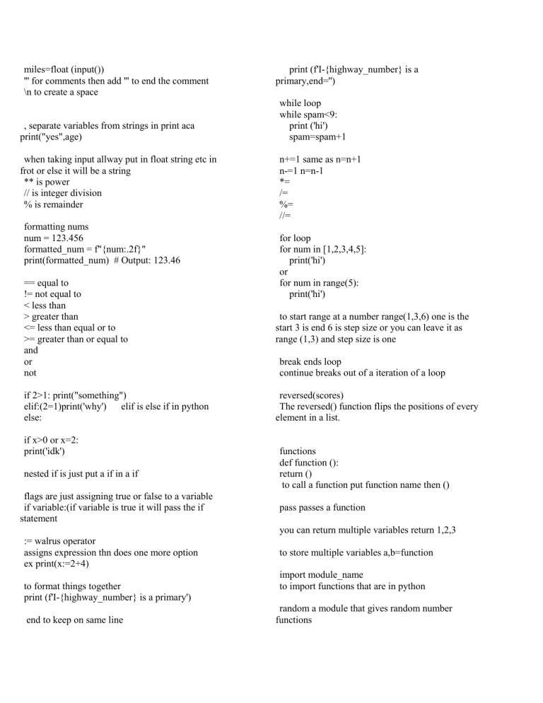 Python Programming Notes: Syntax, Data Structures, Functions & More