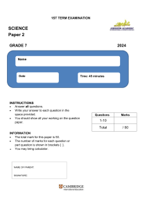 Grade 7 Science Paper 2: 1st Term Examination 2024