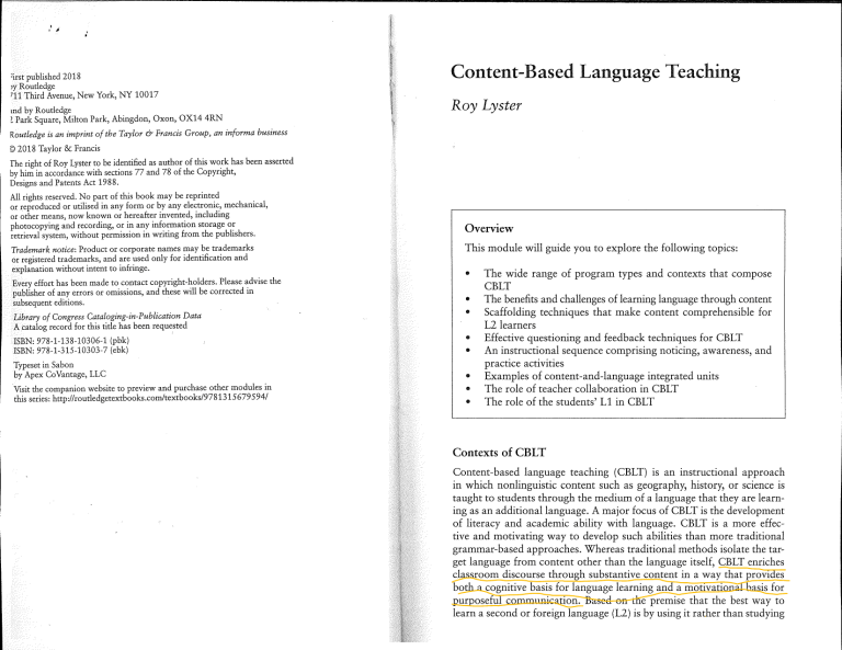 Content-Based Language Teaching (CBLT): Scaffolding & Pedagogy