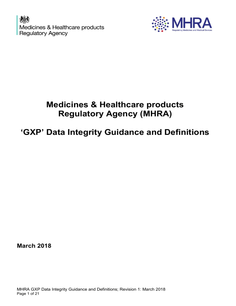 MHRA GXP Data Integrity Guidance & Definitions - March 2018