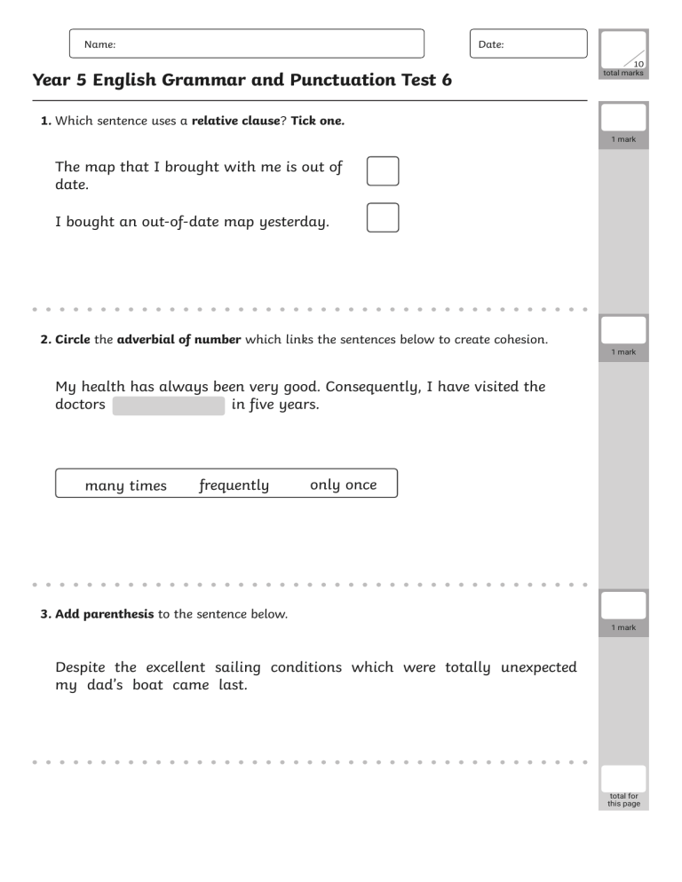Year 5 English Grammar & Punctuation Test 6 | Practice Questions