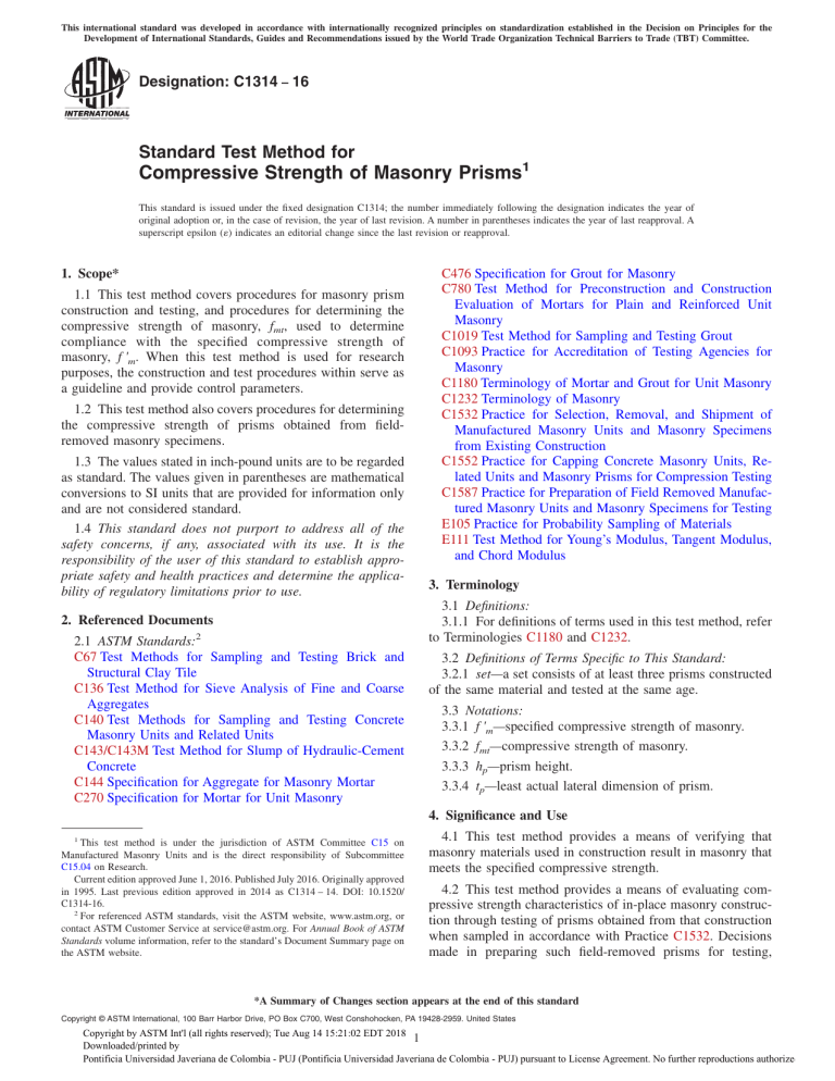 ASTM C1314: Standard Test Method for Masonry Compressive Strength
