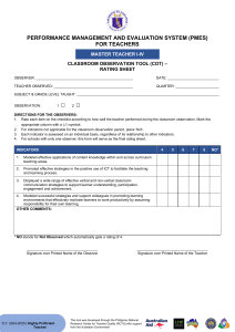 Teacher Performance Evaluation: PMES COT Rating Sheet for Master Teachers