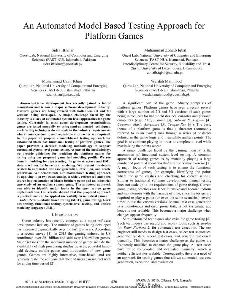 Automated Model-Based Testing for Platform Games: A UML Approach