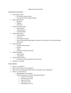Midterm Exam Study Guide: Introduction to Government & US Constitution