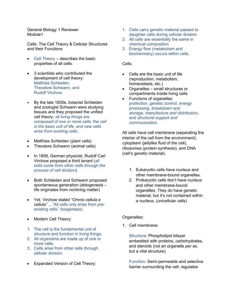 General Biology 1 Reviewer: Cell Theory & Cellular Structures Functions