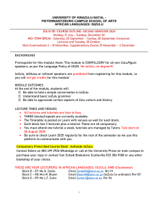 UKZN ZULN 101 IsiZulu Course Outline 2025 | Pietermaritzburg Campus