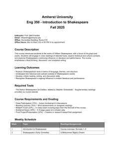 Amherst Eng 350: Introduction to Shakespeare Syllabus - Fall 2025