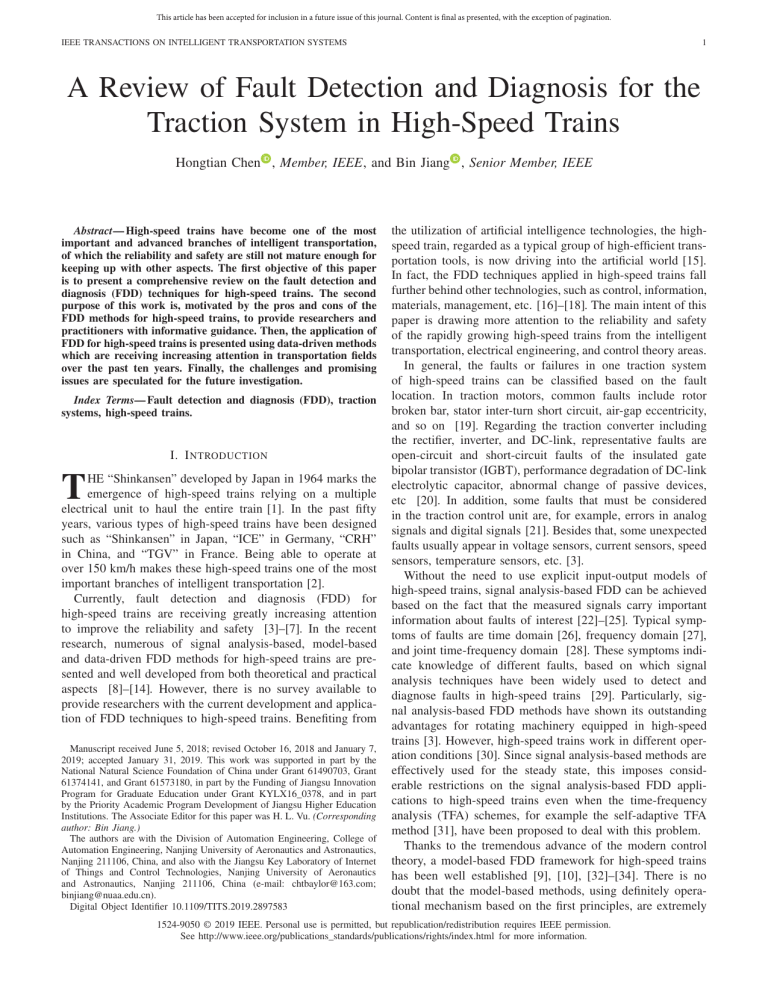 Fault Detection & Diagnosis for High-Speed Train Traction Systems: A Review