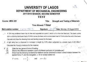 MEG 225 Strength and Testing of Materials Test & Exam - UNILAG