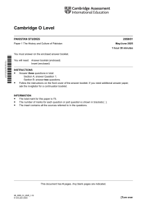 Pakistan Studies O Level Exam Paper - History & Culture