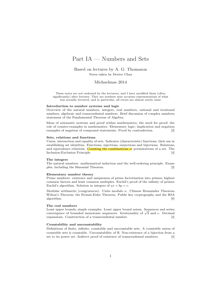 Numbers and Sets Lecture Notes: Part IA Mathematics (Michaelmas 2014)