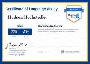 Spanish Language Ability Certificate: Hudson Hochstedler A1+ Score