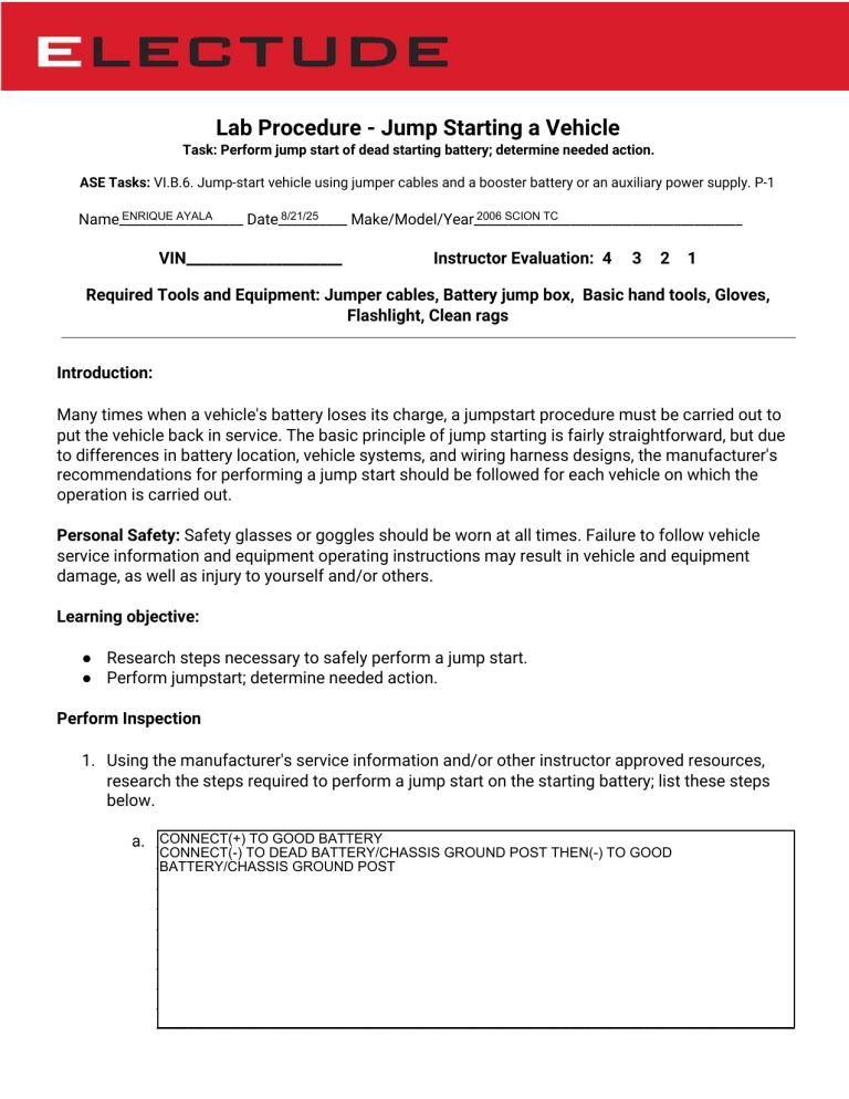 Iso Jump Start Test Pdf Jump Starting a Vehicle Lab Procedure | Automotive Skills