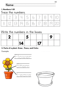 Kindergarten Worksheet: Numbers 1-20, Plant Parts, Letter Pairs