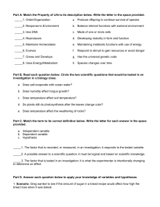 Biology Properties of Life & Scientific Method Worksheet