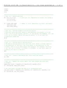 MATLAB Matrix Operations: In-Class Problem 1 - Costs Analysis