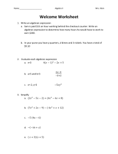 Algebra II Welcome Worksheet: Expressions, Equations, Parabolas, Slope