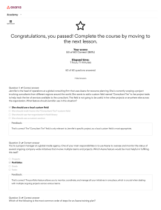 Asana Academy Course Quiz Results: Project Management & Workflow