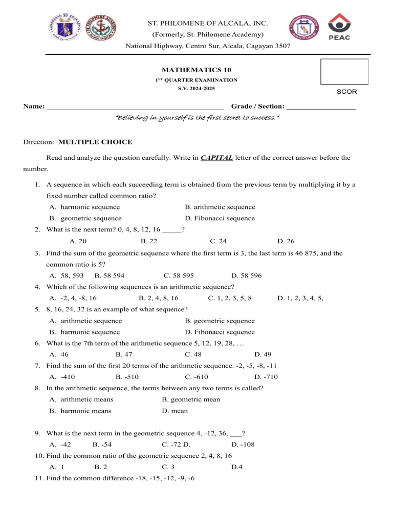 mathematics-10-exam-sequences