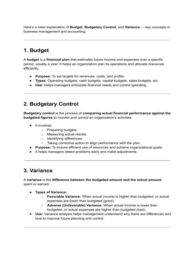 Budget, Budgetary Control & Variance Explained