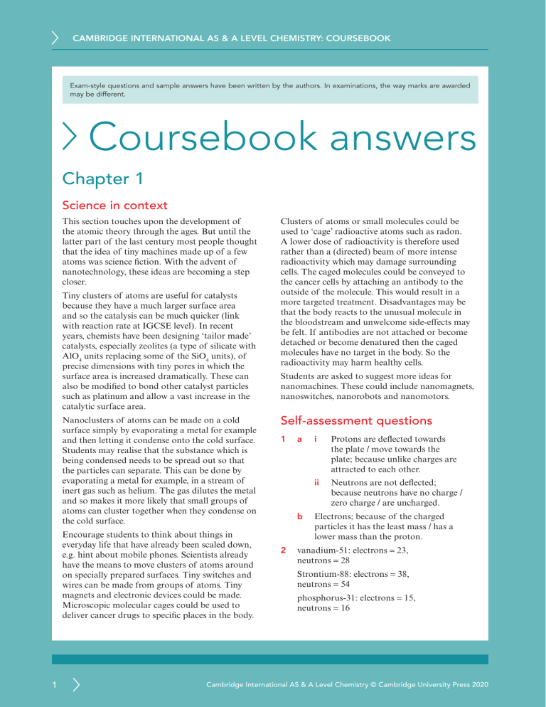 Cambridge AS & A Level Chemistry Coursebook Answers - Chapter 1 & 2
