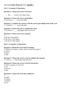 A2 Level English Diagnostic Test for Grade 7 Students