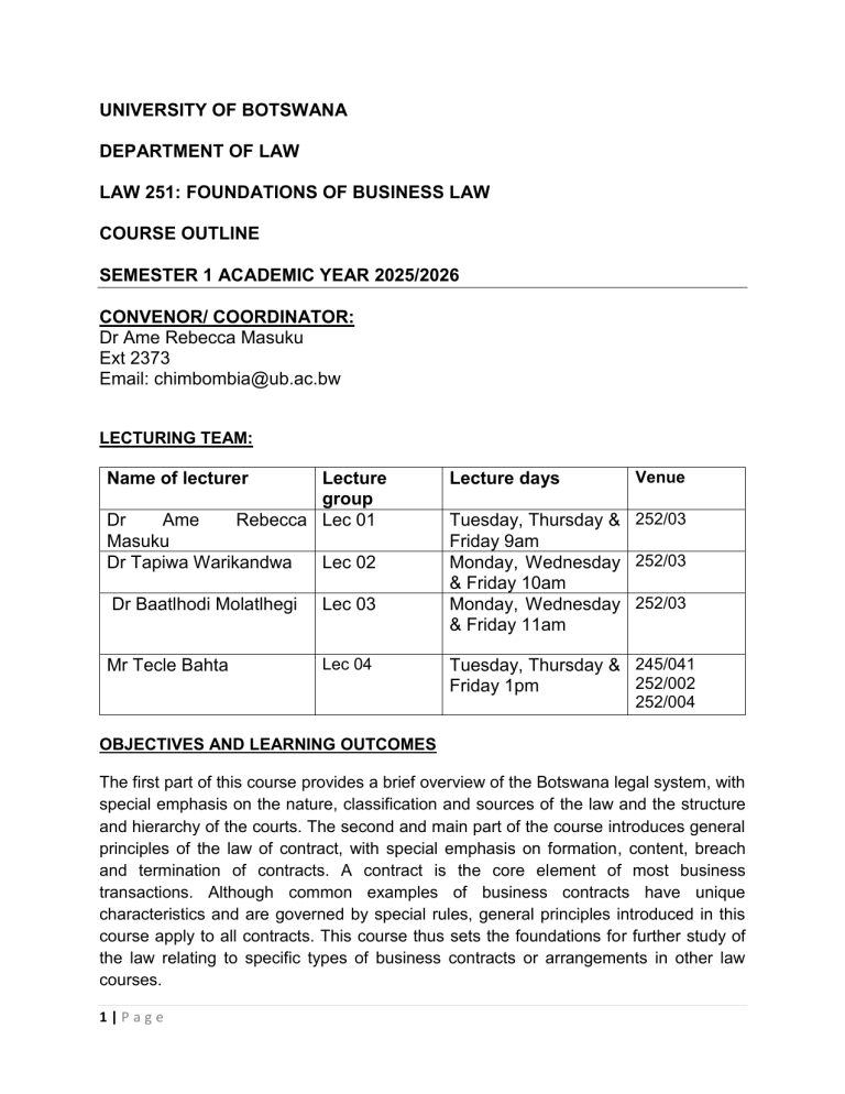 LAW 251: Foundations of Business Law Course Outline - University of ...