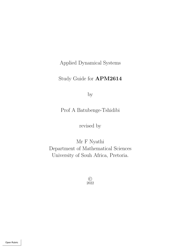 Applied Dynamical Systems Study Guide APM2614 - University of South Africa