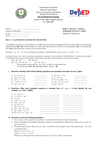 Math 9 Quadratic Equations Activity Sheet | Standard Form & Solving