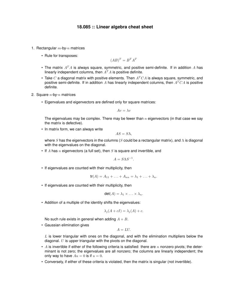 Linear Algebra Cheat Sheet: Matrices, Eigenvalues, Inverses & More