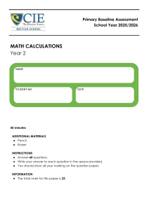 Year 2 Math Calculations Primary Baseline Assessment 2025/2026