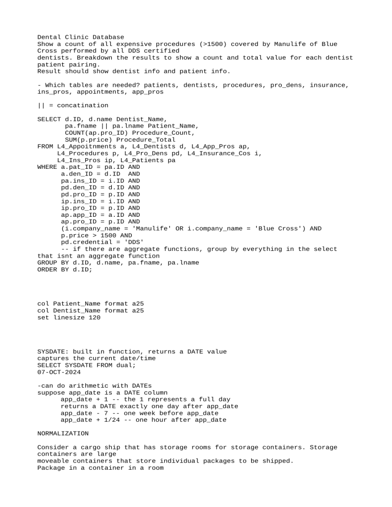Dental Clinic Database SQL Script & Normalization