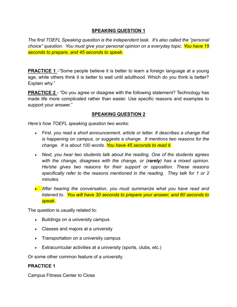 TOEFL Speaking Practice Questions & Structure