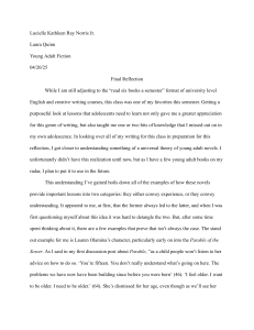 Young Adult Fiction: Final Reflection on Experience & Understanding